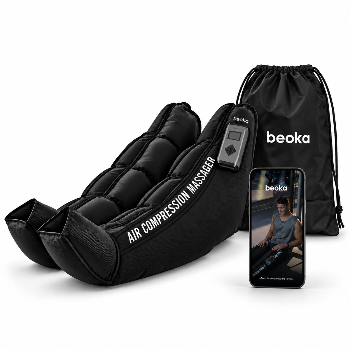 Jambières Beoka avec sac de transport inclus et téléphone affichant l’application Beoka ; téléphone non inclus
