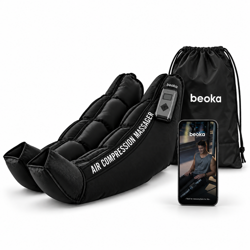 Jambières Beoka avec sac de transport inclus et téléphone affichant l’application Beoka ; téléphone non inclus