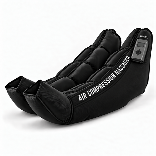 Paire de jambières de pressothérapie noires Beoka, avec unité de contrôle et inscription AIR COMPRESSION MASSAGER